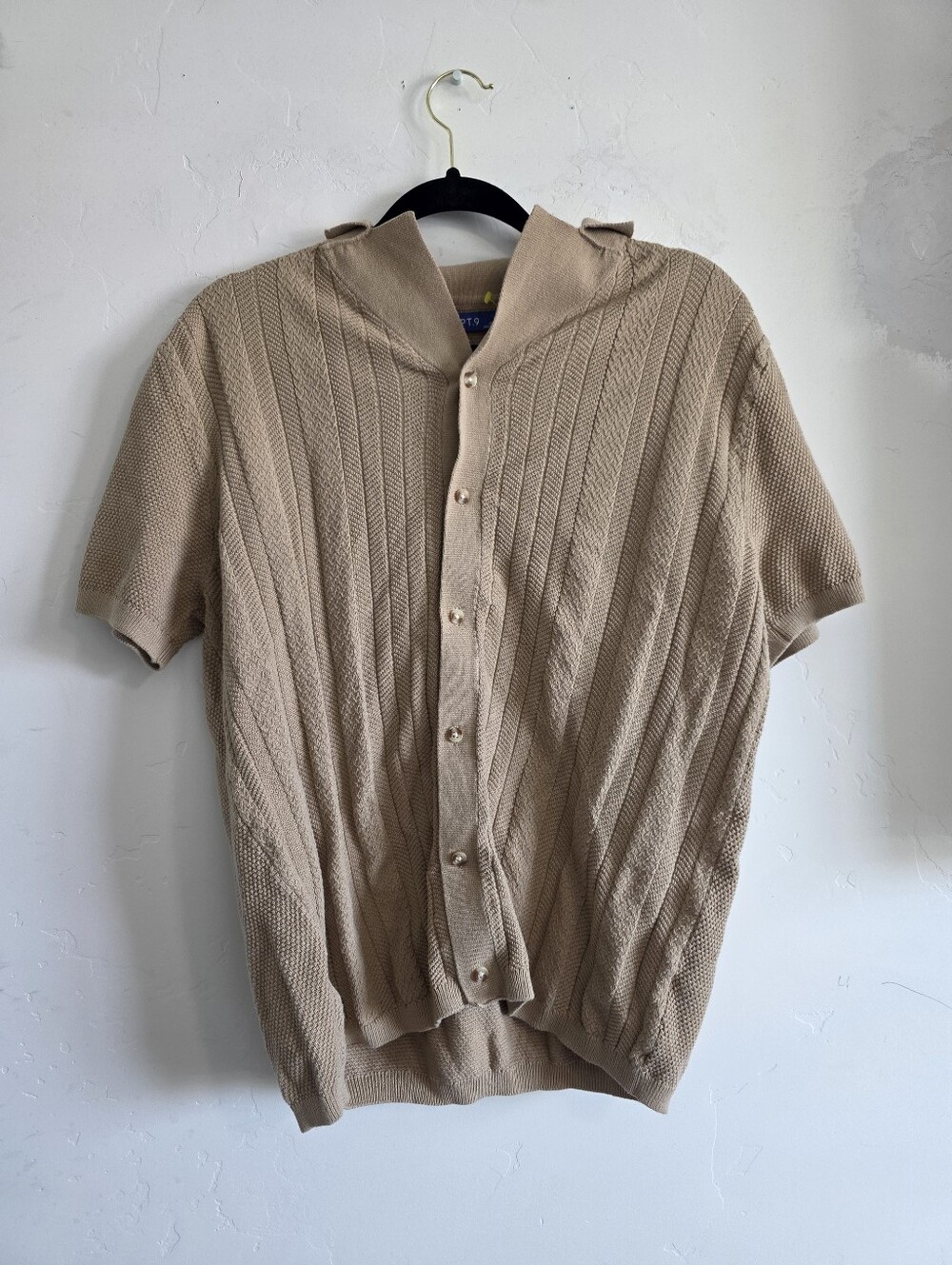 Beige Short-Sleeve Knit Button-Up Shirt